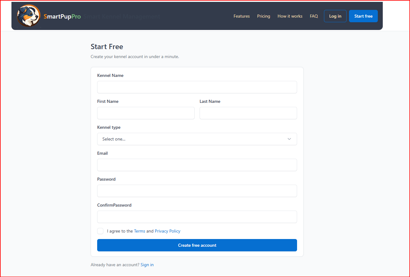 SmartPupPro account signup screen